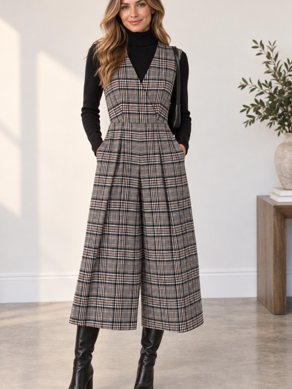 Le Chateau plaid jumper/pinafore/jumpsuit 0 wide leg knit office dark academia